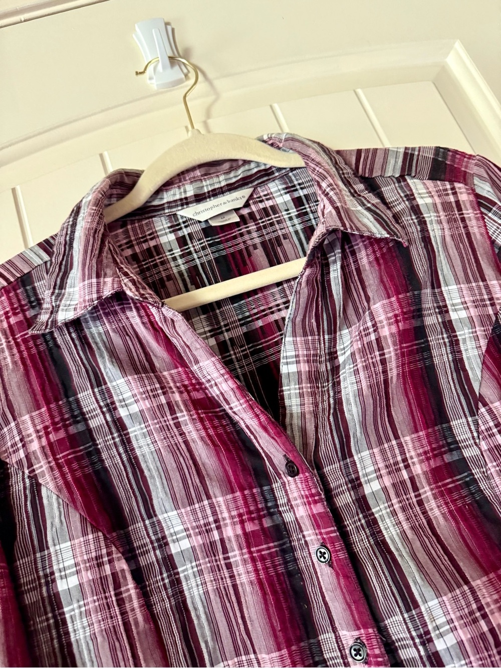 Christopher & Banks Deep Purple & Red Plaid Seersucker Button-Down Shirt Medium